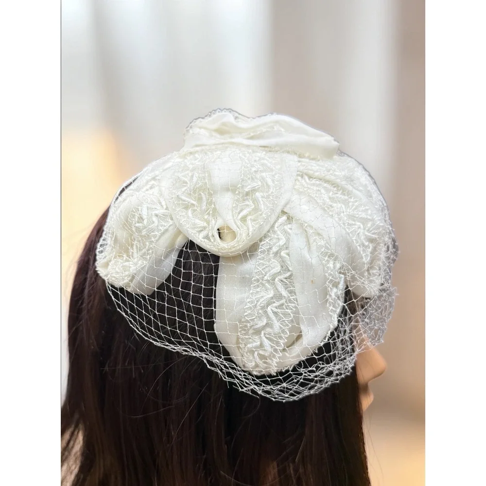 Vintage White Bridal Pillbox Hat with Birdcage Veil Rose Detail - Picture 9 of 11